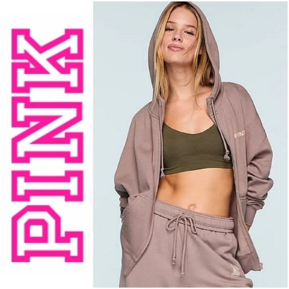 PINK Victoria's Secret Tops - VS PINK Ivy Fleece Campus Full-Zip Hoodie Iced Coffee XS